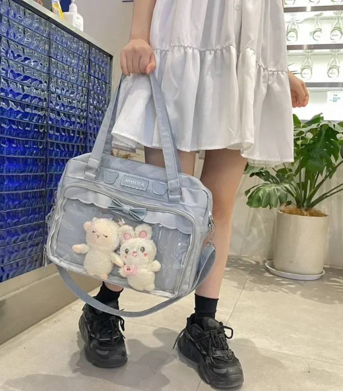 Japanese Cute Transparent Canvas Itabag Fashion Girls One Shoulder Bag Student Personality Crossbody Bag with Badge Doll Ita Bag