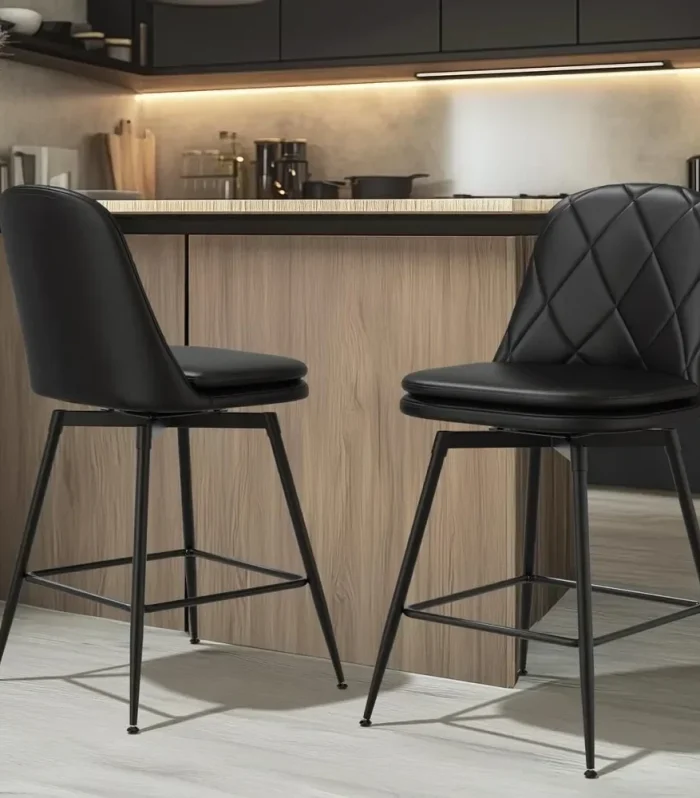 Swivel Counter Height Bar Stools Set of 2, 25.4" Double-Layer Upholstered Barstools with Back and Footrest, Modern Bar Chairs