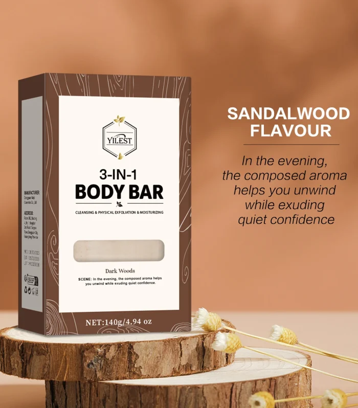 140g 3-IN-1 Men's Body Bar (Sandalwood/Lemon Citrus Scent) -Exfoliating Moisturizing, Long-Lasting Fragrance Handmade Soap