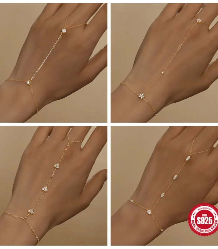 ROXI 925 Sterling Silver Heart/Star Zircon Bracelet With Finger Design For Women Hand Chain Accessories Party Jewelry Gift