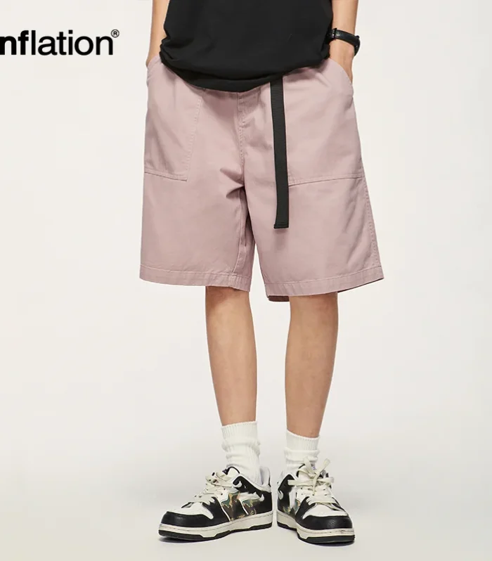 ININFLATION Solid Color Straight Leg Shorts Unisex Harajuku Loose Fit Cargo Shorts with Belt Men