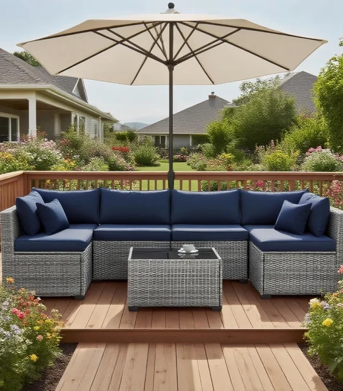 7-Piece Outdoor Rattan Sectional Sofa Set, Wicker Patio Furniture Sets with Navy Blue Cushions for Balcony, Porch, Backyard