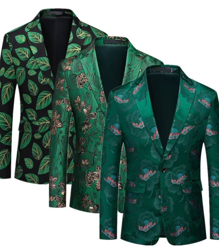 Single Breasted Green Jacquard Suit Jacket Men Clothing Fashion Trend Male Bar KTV Dance Party Dress Blazers Coats