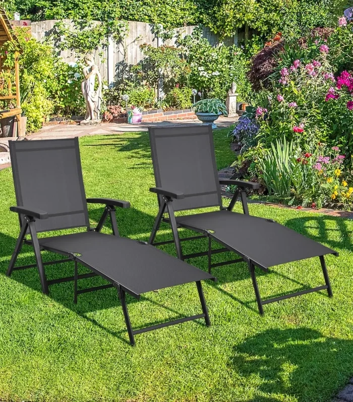 Outdoor Folding Chaise Lounge Set of 2 Patio Reclining Chairs w/Adjustable 7-Position Back for Beach Pool Garden Yard