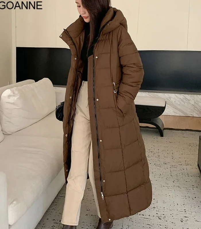 VigoAnne 2025 Korean Casual Hooded Down Long Coat Women Solid Long Sleeve Pocket Winter Loose Jacket Lady Thick Warm Outwear