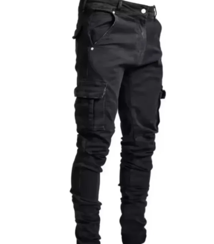 2025 New Fashionable men's denim work pants street style black gray multi pocket jeans American casual multi pocket jeans