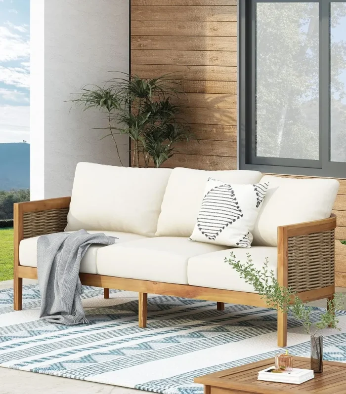 Outdoor Acacia Wood Wicker 3 Seater Sofa, Patio Furniture Conversation Set for Backyard