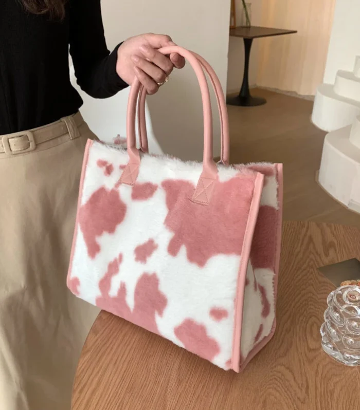 Winter Faux Fur ,Leopard Print Designer Shopper Totes, Fashion Soft Plush Women Shoulder Bags, Large Capacity Handbags and Purse