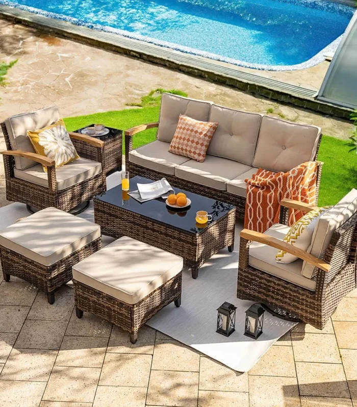 7 Pieces Patio Furniture Sets,PE Wicker Outdoor Furniture Conversation Sets with 2 Wood Armrests Swivel Rocker Chairs