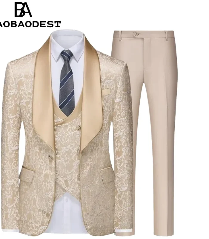 Men's 3-Piece Slim Fit Suit Set | Wedding & Prom Tuxedo (Blazer+Vest+Pants) for Formal Events & Groom Attire Breathable Lining