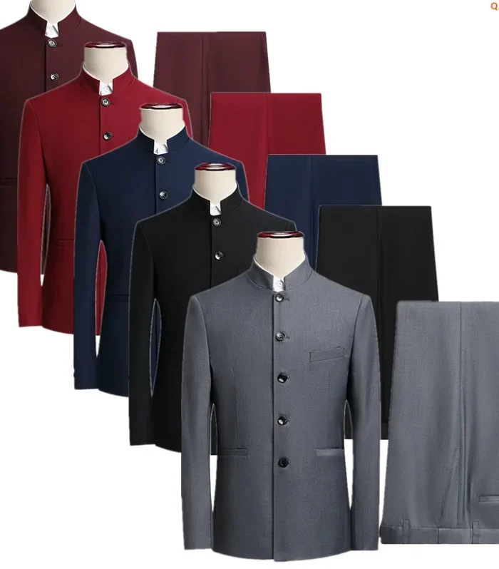 Gray Men's Suit Two Piece, China Style Single Breasted Lapel Jacket with Trousers, Asian Size M-6XL, Wedding/Party/Business Sets